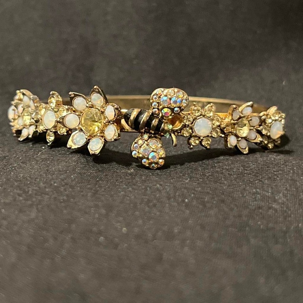 Golden Jeweled Bee Floral Rhinestone Statement Bracelet